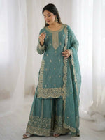 Thumbnail for Teeya Creation Turquoise Color Fendy Silk Embroidery Work Wedding Wear Salwar Suit - Distacart