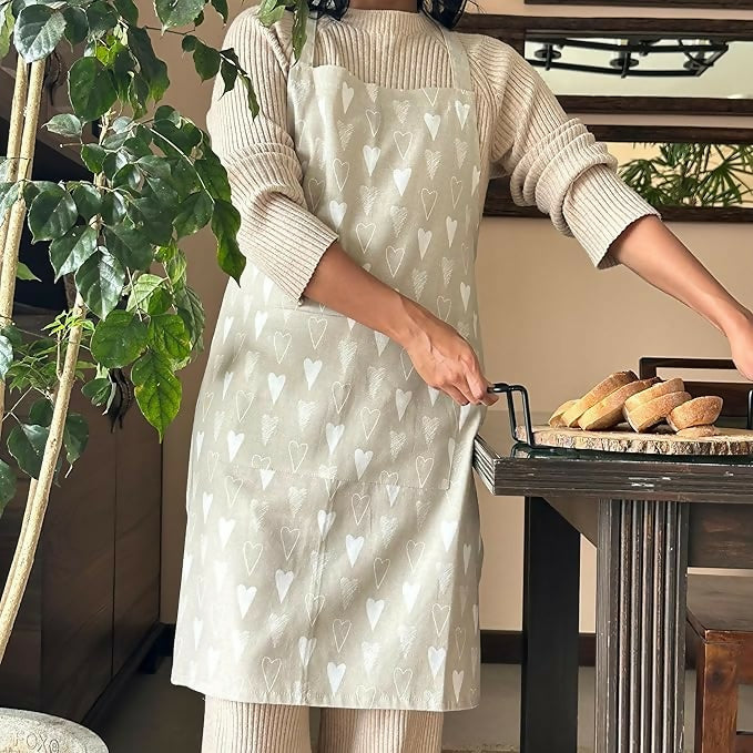 Oak & Lily 100% Cotton Kitchen Apron-Beige and Ivory - Dista