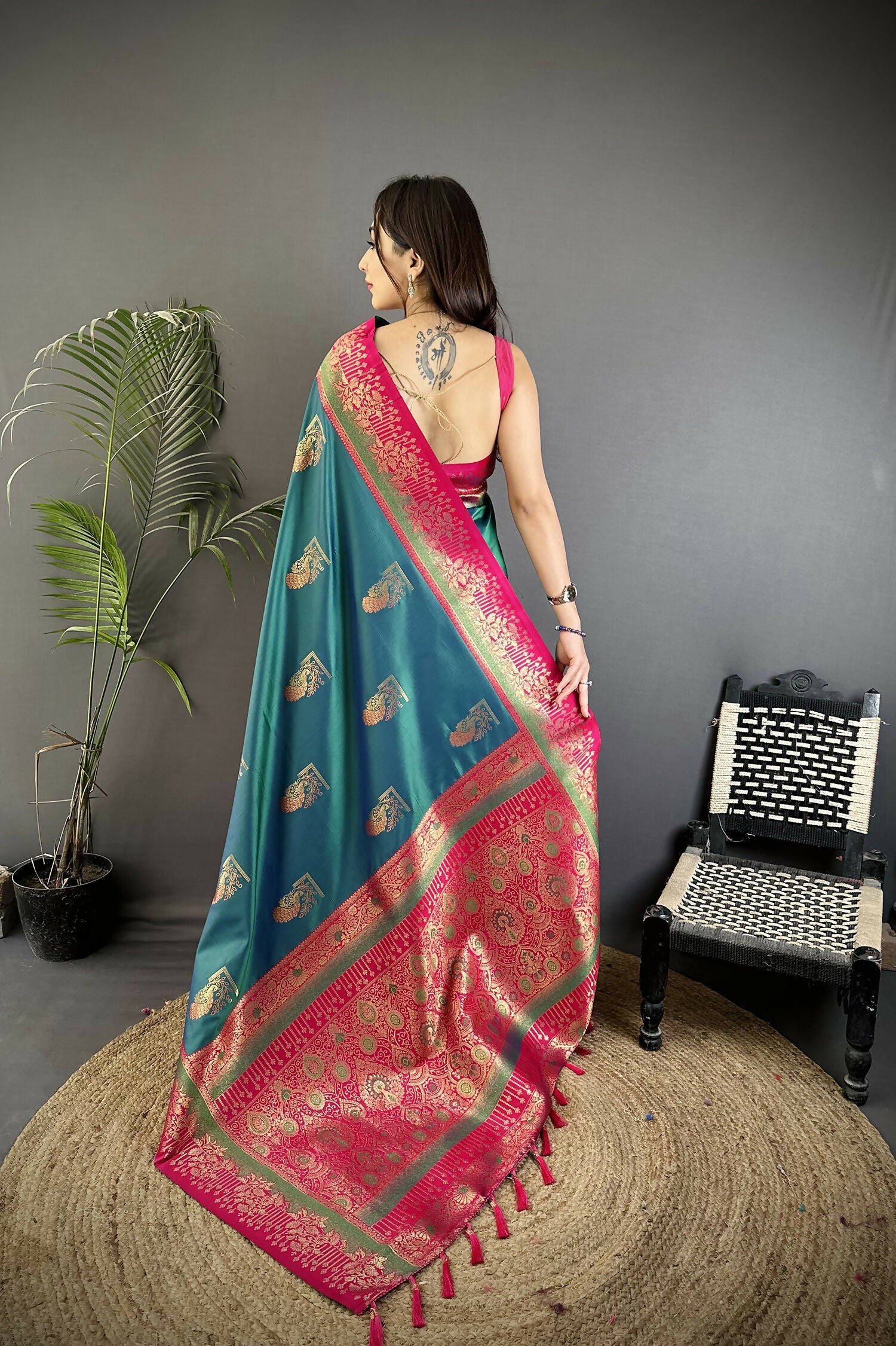 Joban Fashion Teal Banarasi Soft Silk Peacock Butta Work Saree