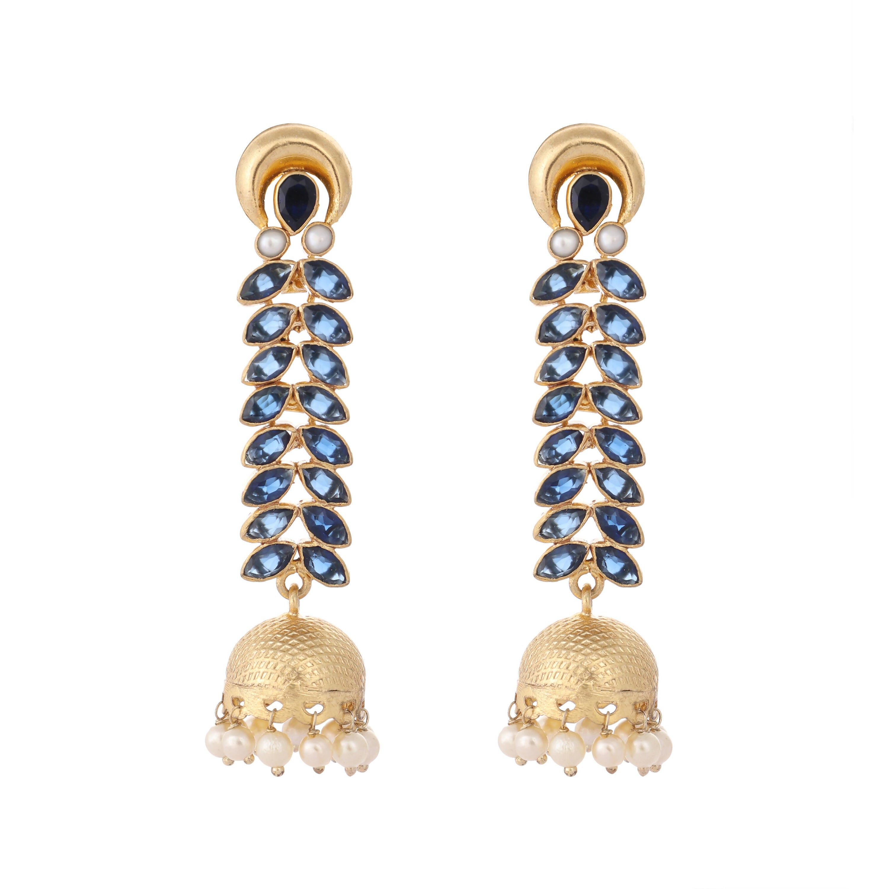 Nuyug 22K Gold-Plated Blue Onyx & Pearl Studded Dome Shaped Jhumkas - Distacart