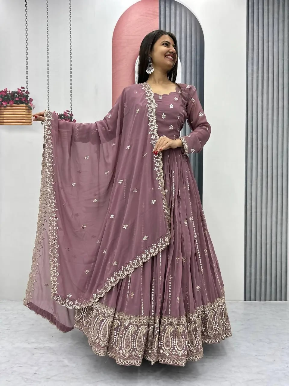 Teeya Creation Womens New Heavy Fox Georgette Fabric With Heavy Embroidery Wrok Gown Set - Dista