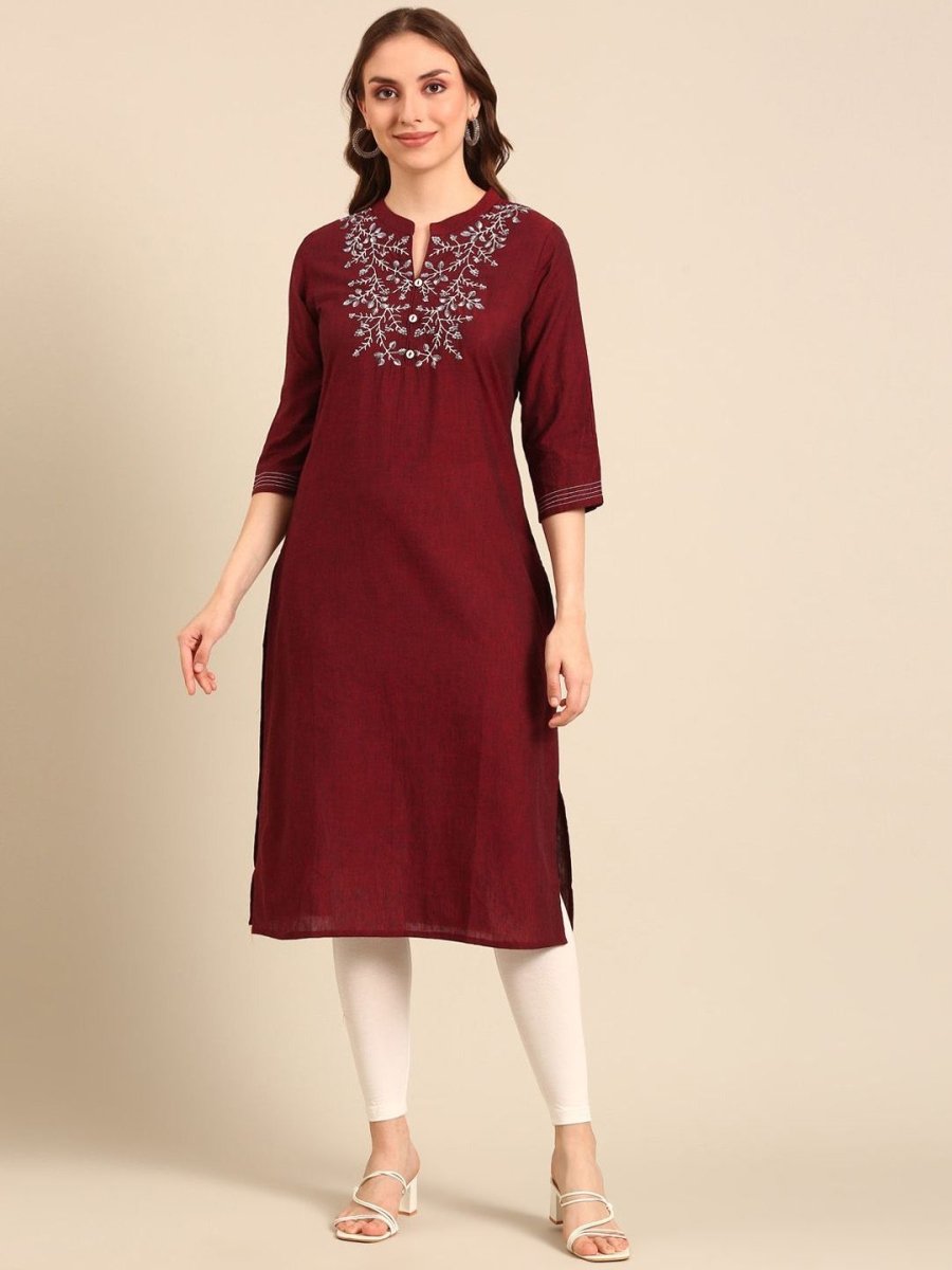 Anouk Notched Neck Thread Work Pure Cotton Straight Kurta
