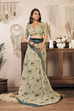 Thumbnail for Joban Fashion Beige Floral Linen Ready To Wear Saree With Unstitched Blouse - Distacart