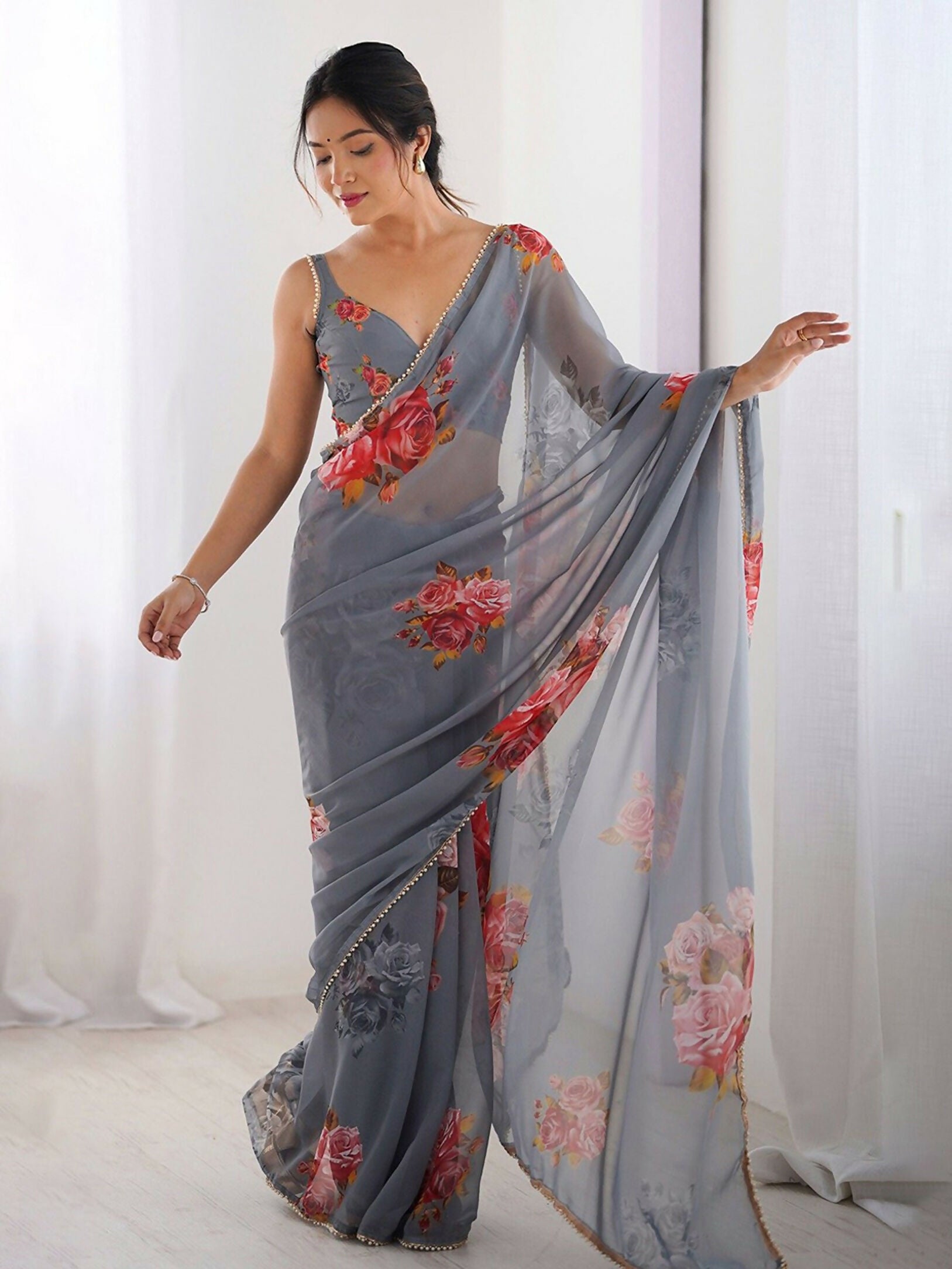 Traditional Partywear Grey Georgette Fancy Saree-Pavitra