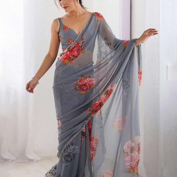 Traditional Partywear Grey Georgette Fancy Saree-Pavitra - Distacart