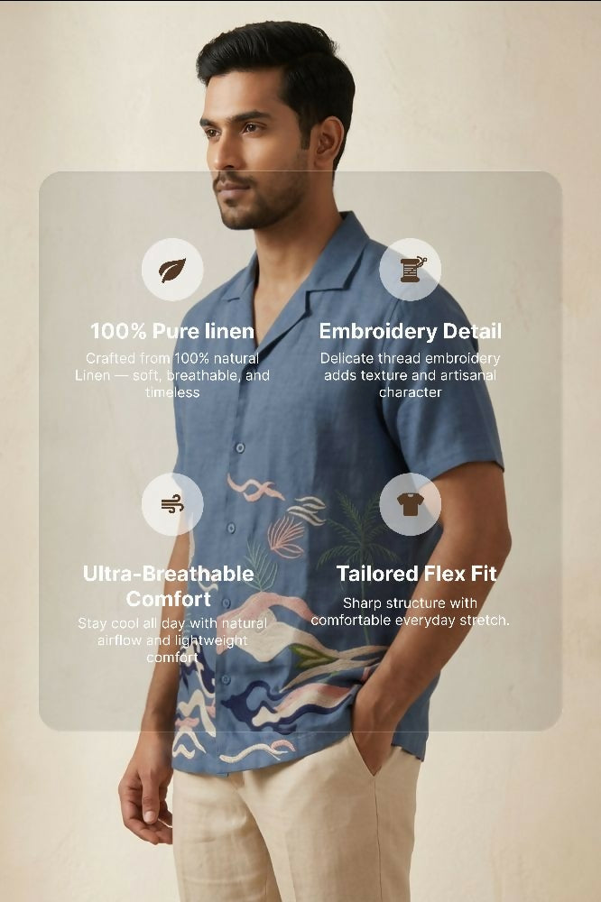 Mirage — Deep Blue Embroidered Linen Shirt by Hilo Design - Dista