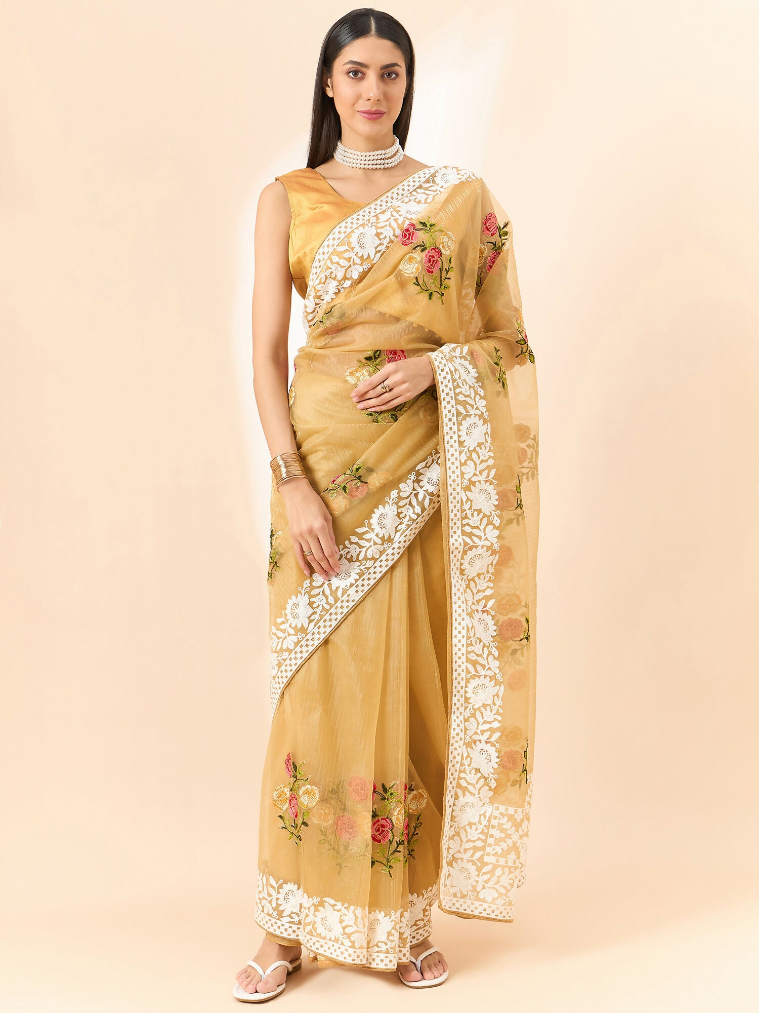 Beige Organza Floral Embroidered Saree with Unstitched Blouse Piece - Roozal - Distacart