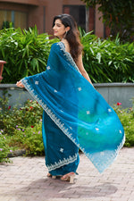 Thumbnail for Vastranavya Teal Embroidery Work Shimmer Chiffon Saree with Unstitched Blouse