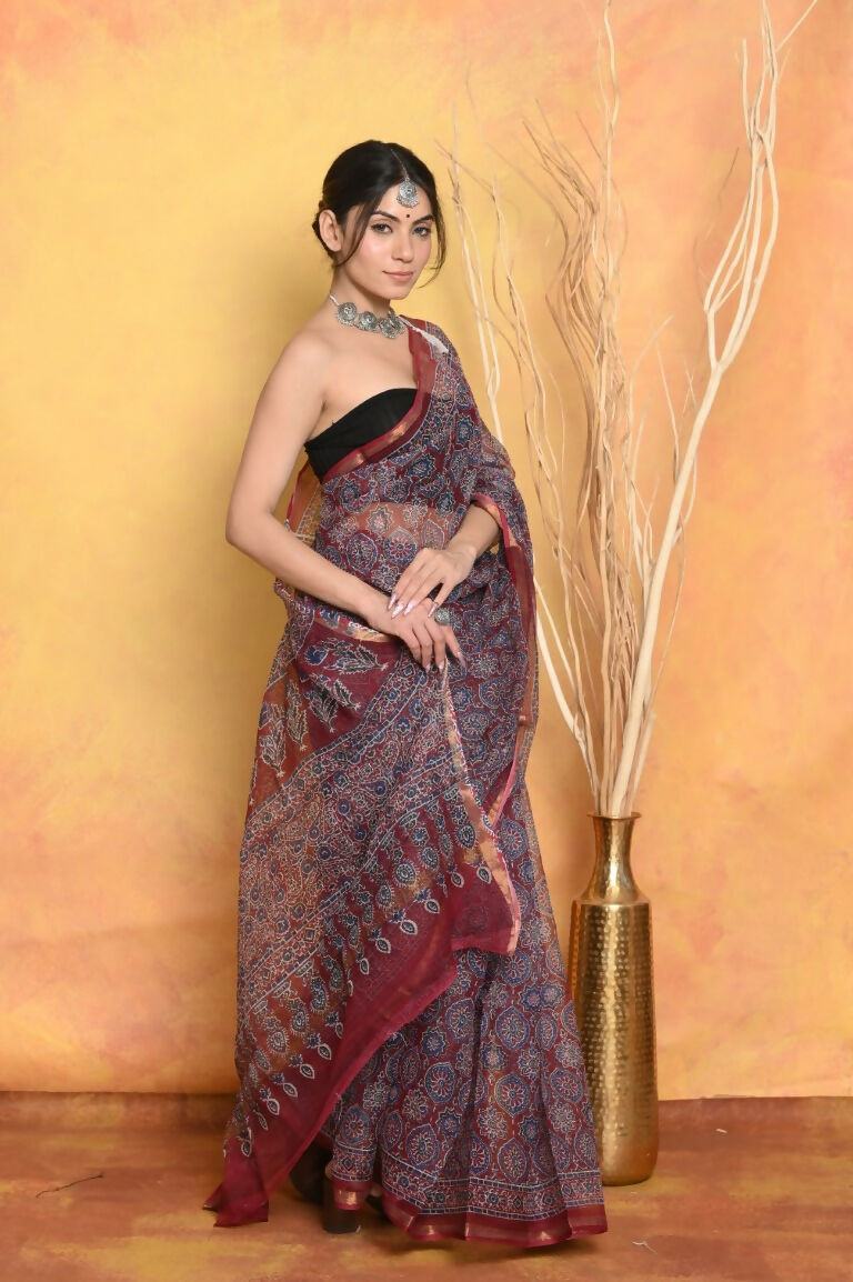 Very Much Indian Pure Kota Cotton Handblock Printed Saree - Grey - Distacart