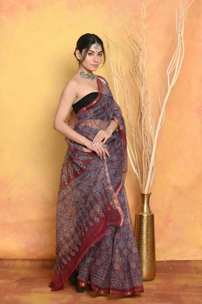 Very Much Indian Pure Kota Cotton Handblock Printed Saree - Grey - Distacart