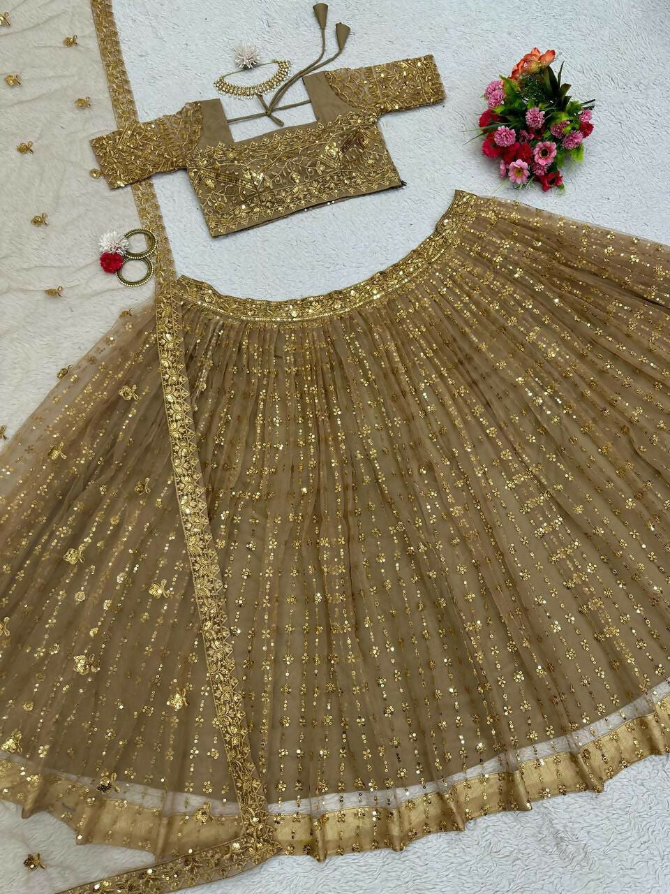 Jyoti Fashion Women's Beige Butterfly Net Sequins with Thread Embroidered Designer Lehenga Choli Set - Distacart