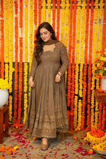 Thumbnail for Jyoti Fashion Women's Brown Faux Georgette Zari Embroidery with Sequence Anarkali Dress with Dupatta - Distacart