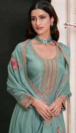 Thumbnail for Anaita Teal Embroidered Work Silk Stitched Anarkali Suit - Distacart