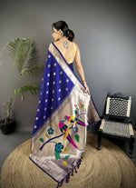 Thumbnail for Joban Fashion Royal Blue Peacock & Floral Motifs Soft Silk Kanchipuram Saree - Distacart