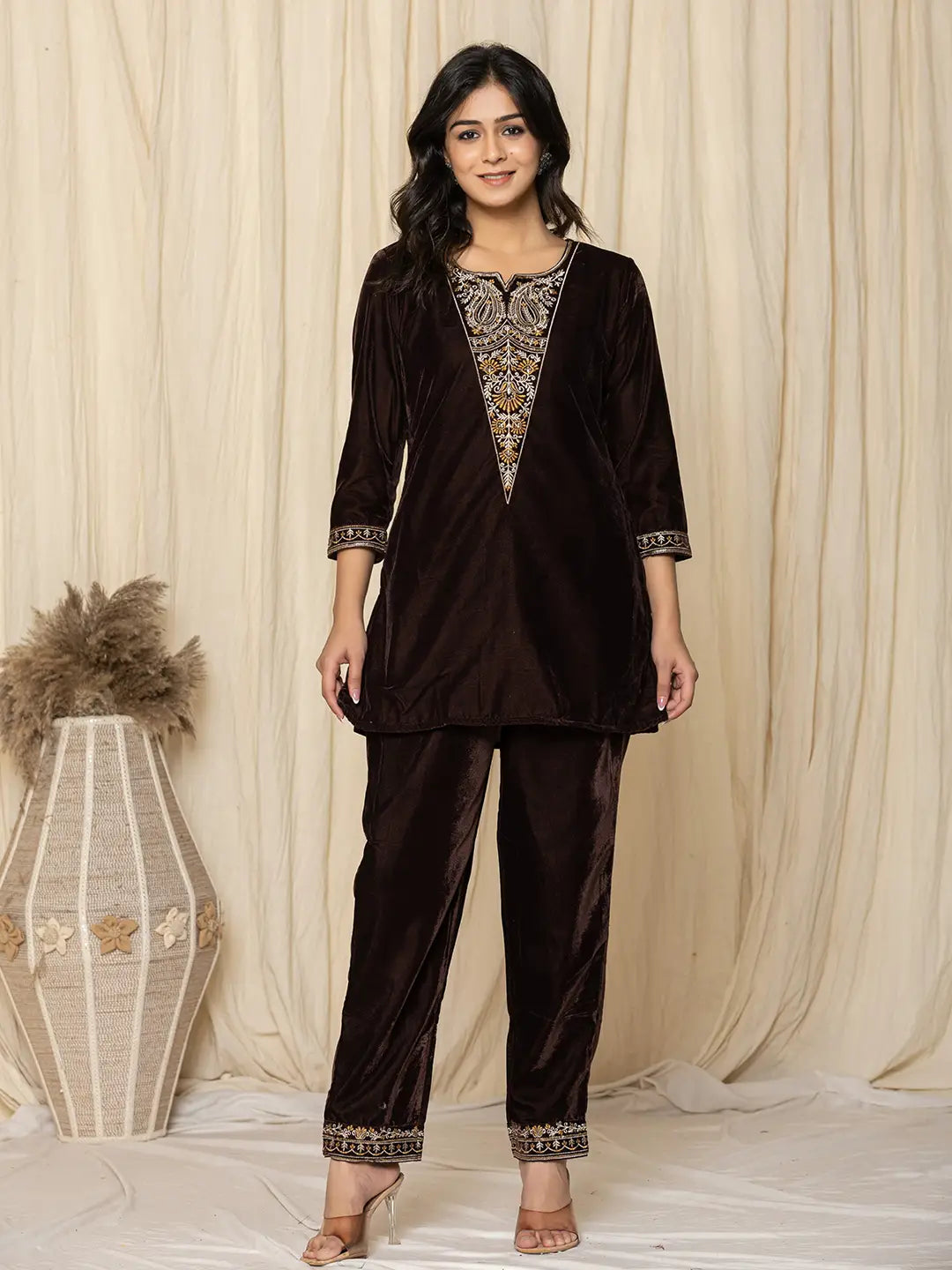 Yufta Coffee Brown Velvet Embroidered Co-Ord Set - Distacart