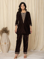 Thumbnail for Yufta Coffee Brown Velvet Embroidered Co-Ord Set