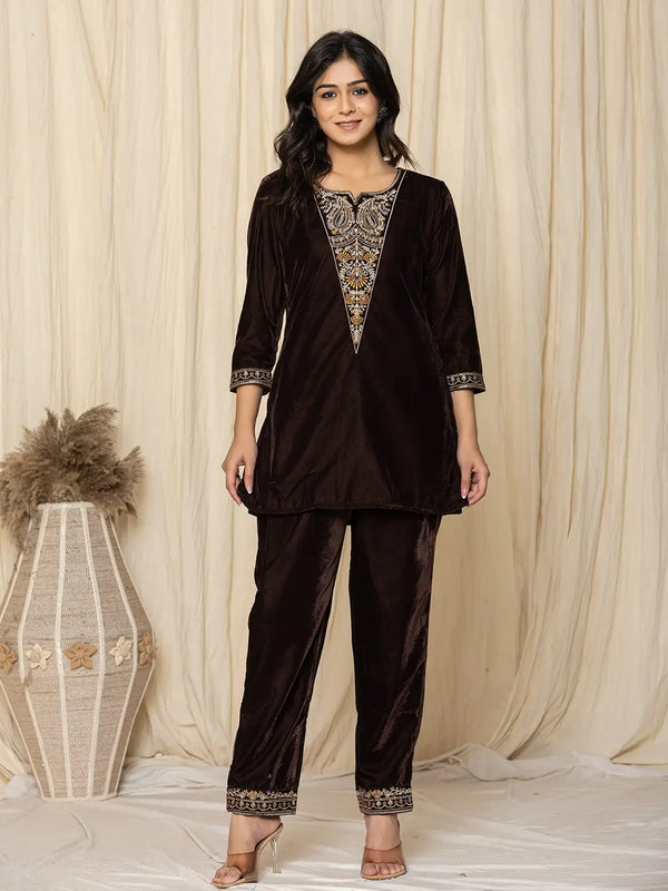 Yufta Coffee Brown Velvet Embroidered Co-Ord Set