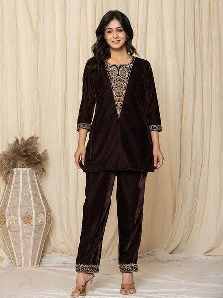 Yufta Coffee Brown Velvet Embroidered Co-Ord Set