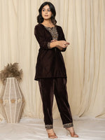 Thumbnail for Yufta Coffee Brown Velvet Embroidered Co-Ord Set