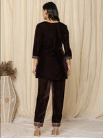 Thumbnail for Yufta Coffee Brown Velvet Embroidered Co-Ord Set