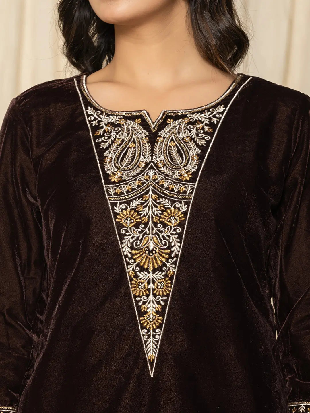 Yufta Coffee Brown Velvet Embroidered Co-Ord Set