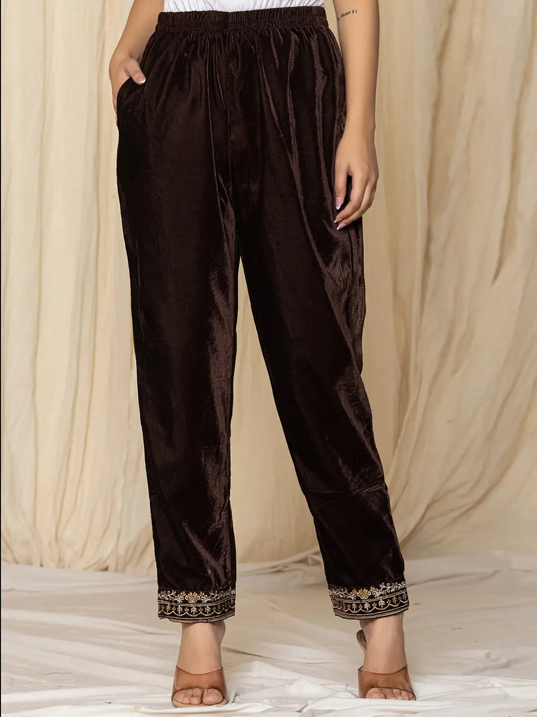 Yufta Coffee Brown Velvet Embroidered Co-Ord Set