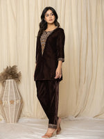 Thumbnail for Yufta Coffee Brown Velvet Embroidered Co-Ord Set