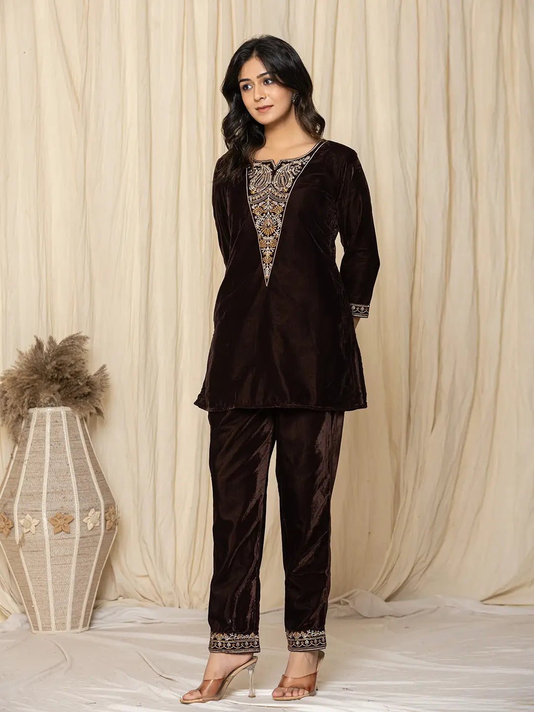 Yufta Coffee Brown Velvet Embroidered Co-Ord Set