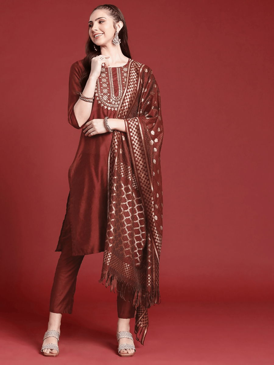 Anouk Woven Design Regular Sequinned Kurta with Trousers & Dupatta - Distacart