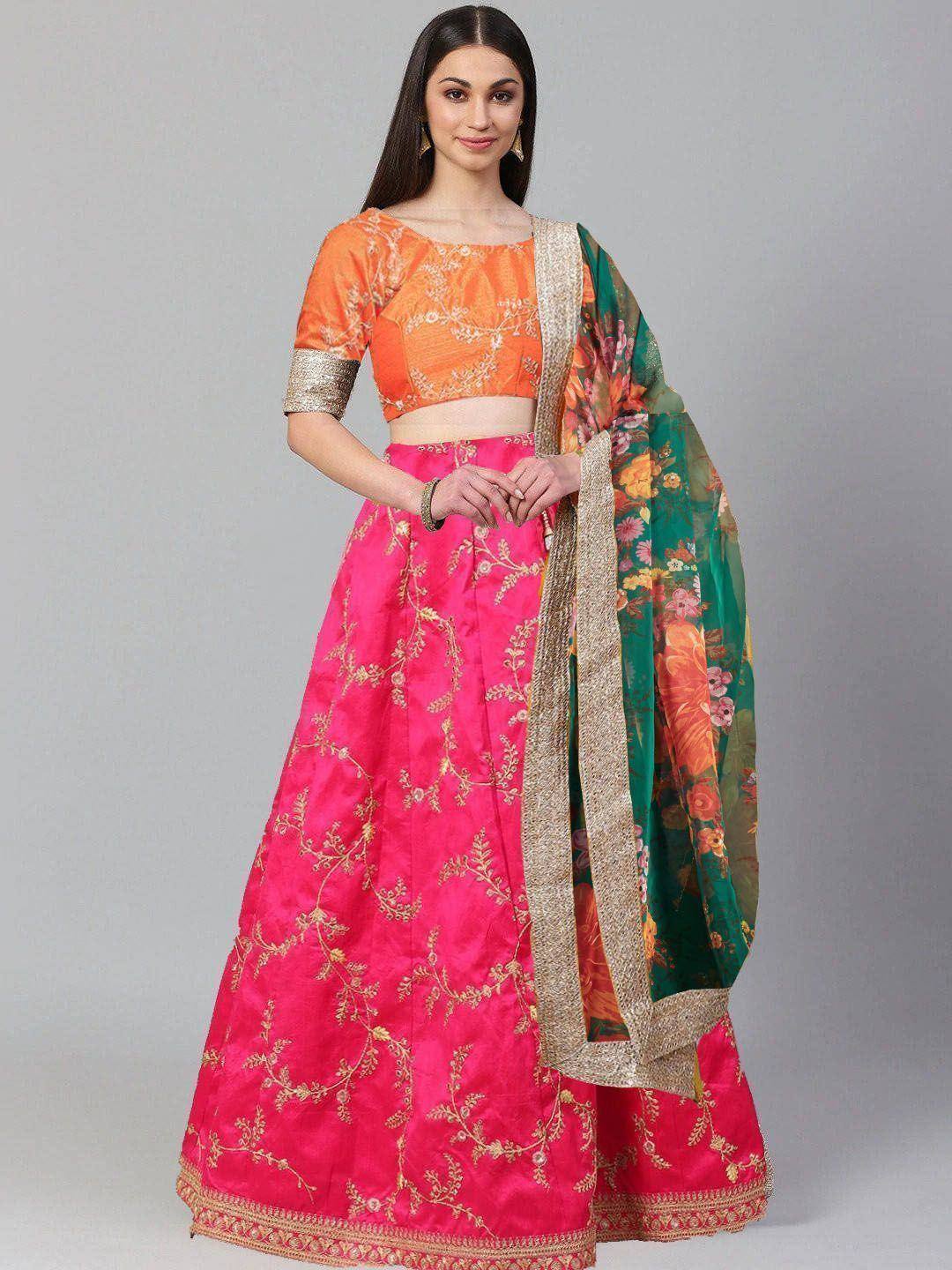 Tulsi Art Pink Embroidered Mulberry Bridal Lehenga Choli With Printed Green Dupatta - Dista