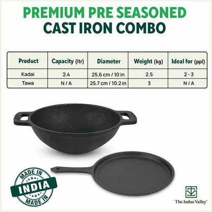 The Indus Valley CASTrong Cast Iron Cookware Set: Tawa+ Kadai (Wok model), Kitchen Set for Home, Pre-seasoned, 100% Pure, Toxin-free, Tadka Pan - Distacart