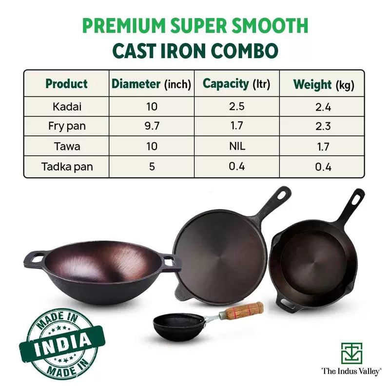 The Indus Valley Super Smooth Cast Iron Set: Kadai+ Tawa+ Frypan, Kitchen set for Home, Nonstick, 100% Pure, Toxin-free, Tadka Pan