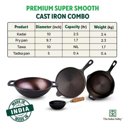 The Indus Valley Super Smooth Cast Iron Set: Kadai+ Tawa+ Frypan, Kitchen set for Home, Nonstick, 100% Pure, Toxin-free, Tadka Pan - Distacart