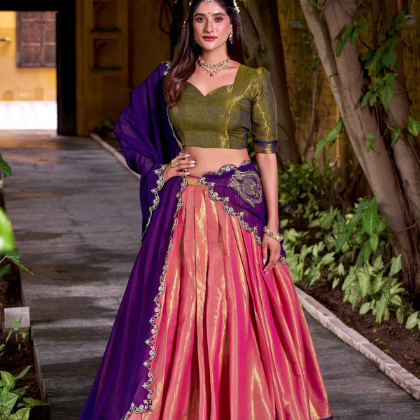 Evanik Coral South-style Kanchipuram silk lehenga With Unstitched Blouse & Dupatta