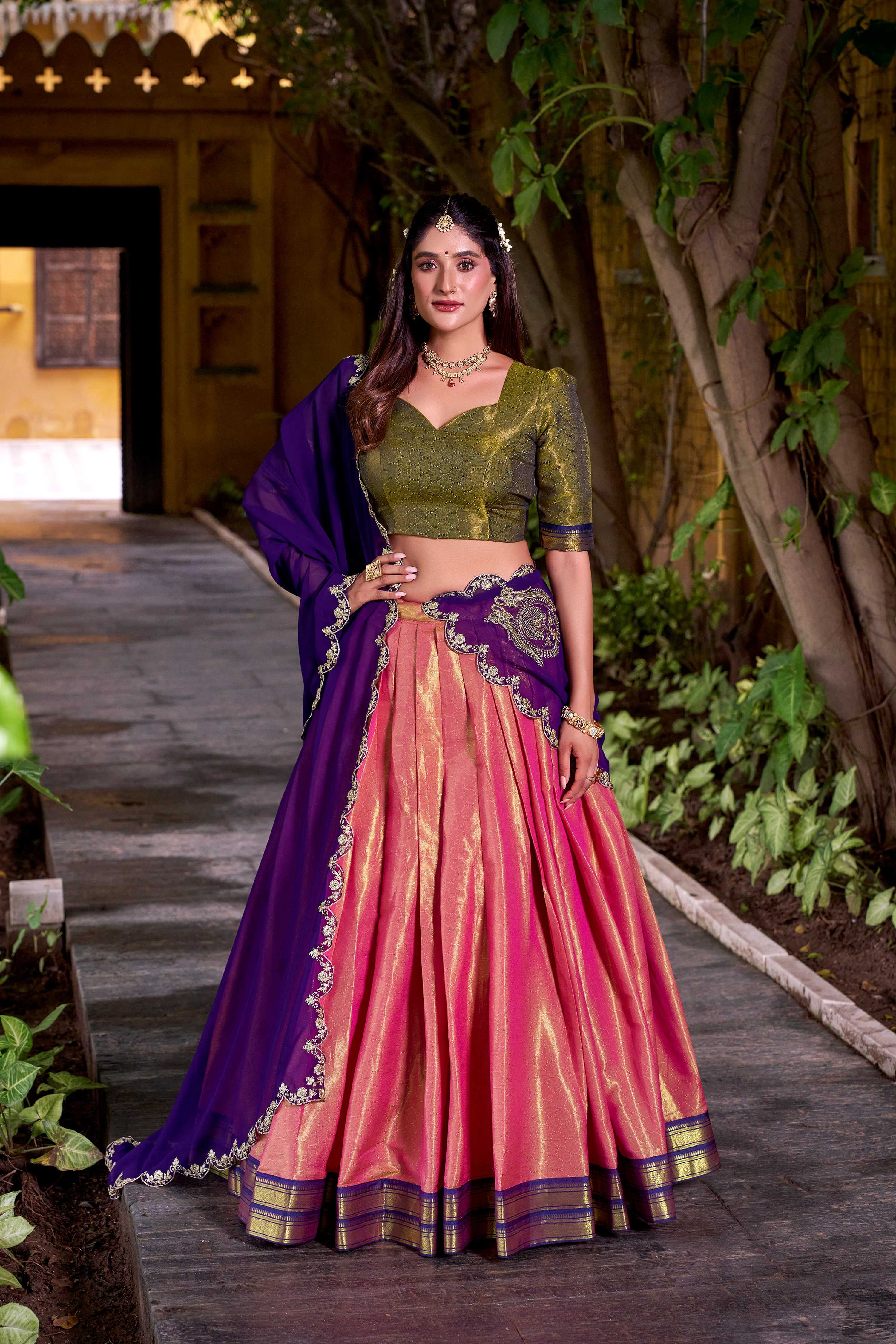 Evanik Coral South-style Kanchipuram silk lehenga With Unstitched Blouse & Dupatta - Distacart
