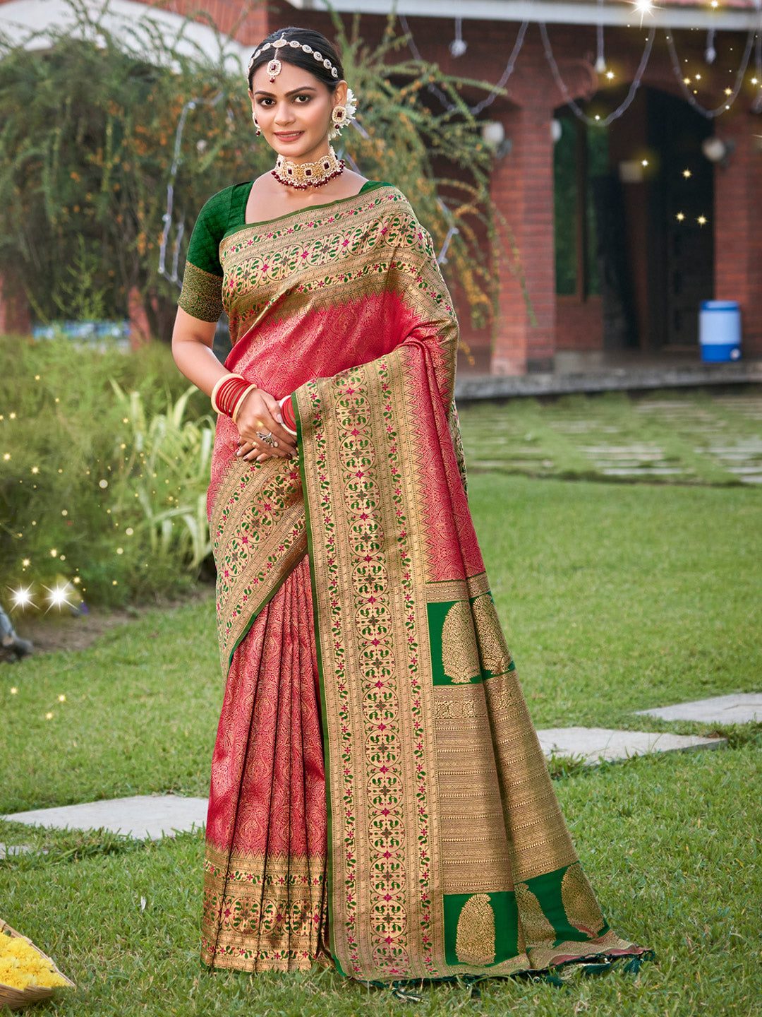 Anaita Coral Banarasi Saree With Blouse Piece - Distacart