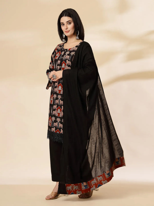 Yufta Cotton Black Pakistani Kurta Dupatta Set