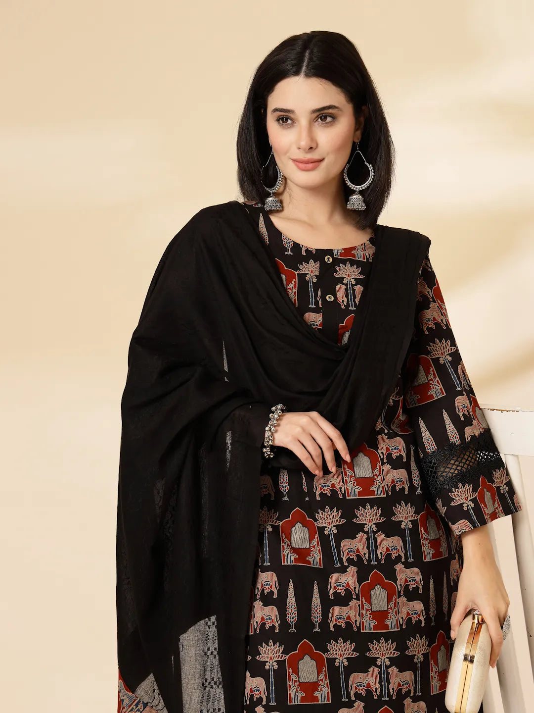 Yufta Cotton Black Pakistani Kurta Dupatta Set