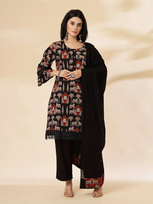 Yufta Cotton Black Pakistani Kurta Dupatta Set