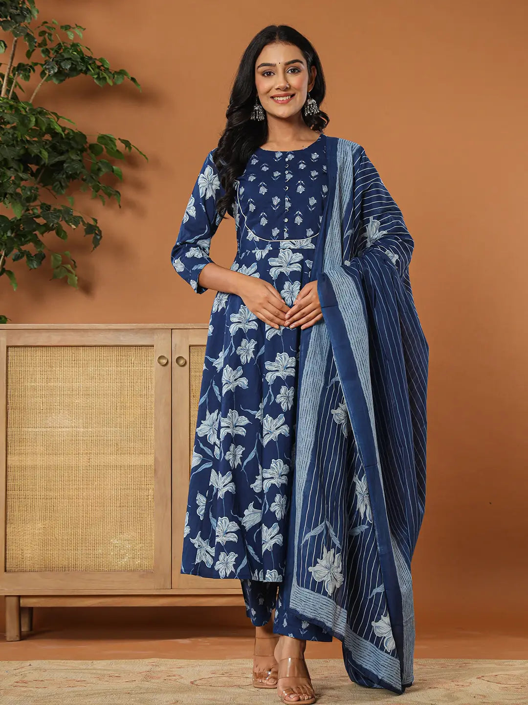 Yufta Cotton Blue Anarkali Dupatta Set - Distacart