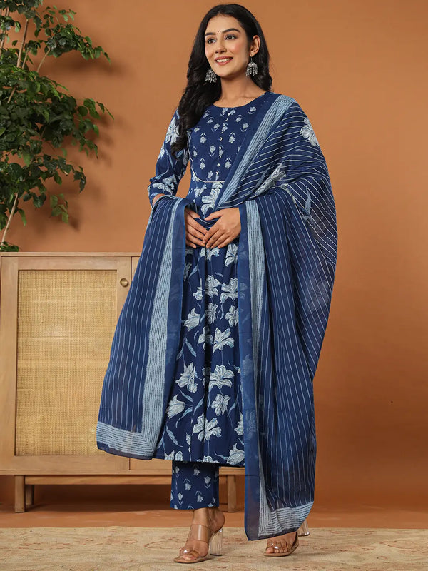 Yufta Cotton Blue Anarkali Dupatta Set