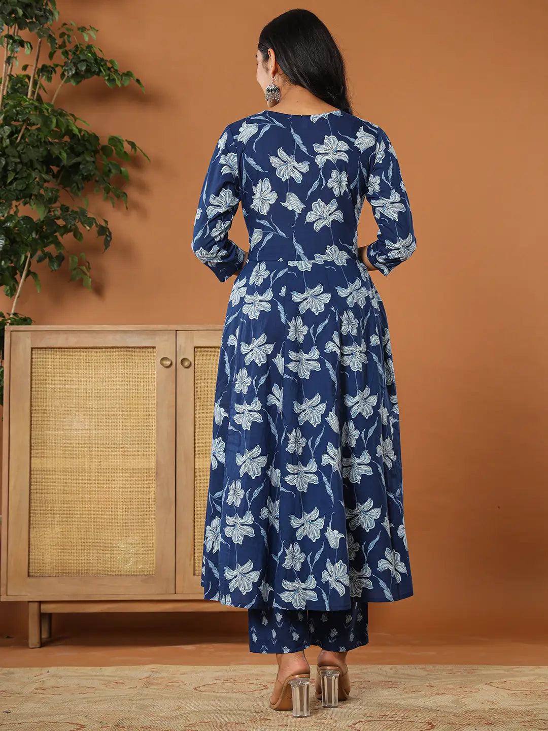 Yufta Cotton Blue Anarkali Dupatta Set