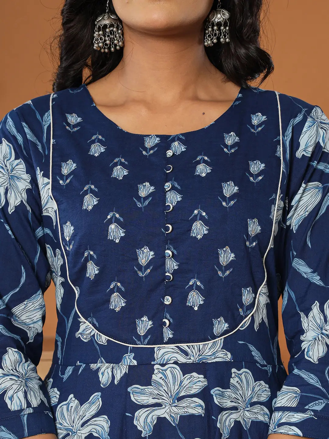 Yufta Cotton Blue Anarkali Dupatta Set