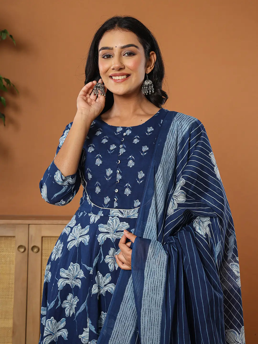 Yufta Cotton Blue Anarkali Dupatta Set