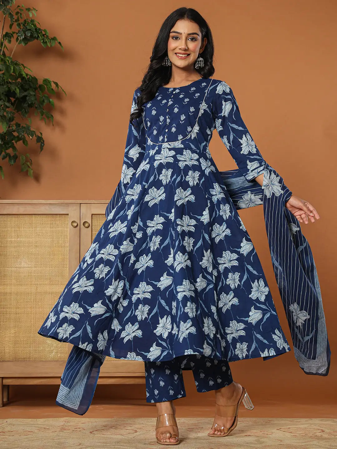 Yufta Cotton Blue Anarkali Dupatta Set