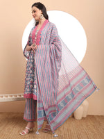Thumbnail for Yufta Cotton Blue Kurta Dupatta Set With Lace Detailing