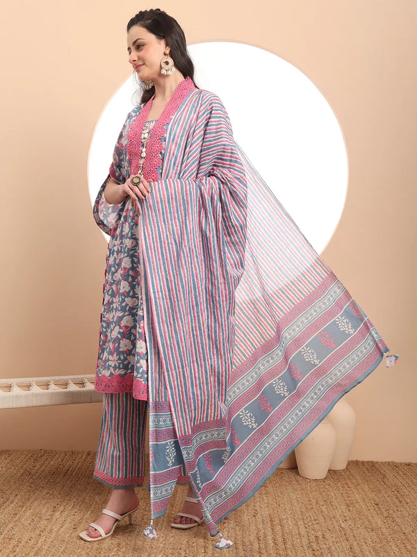 Yufta Cotton Blue Kurta Dupatta Set With Lace Detailing