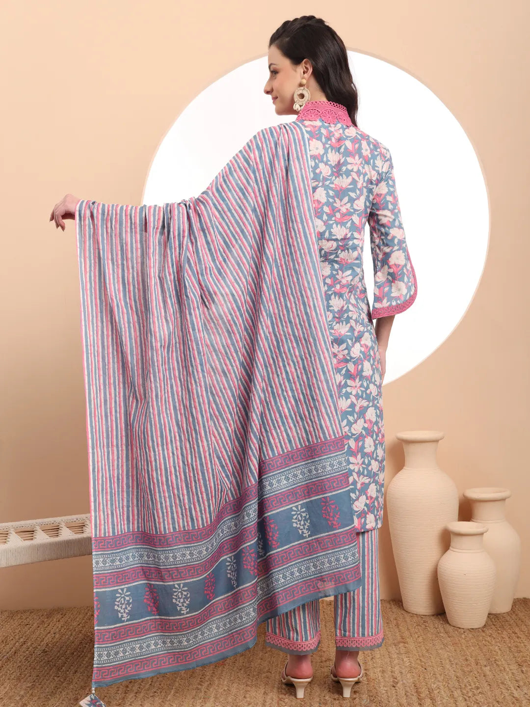 Yufta Cotton Blue Kurta Dupatta Set With Lace Detailing