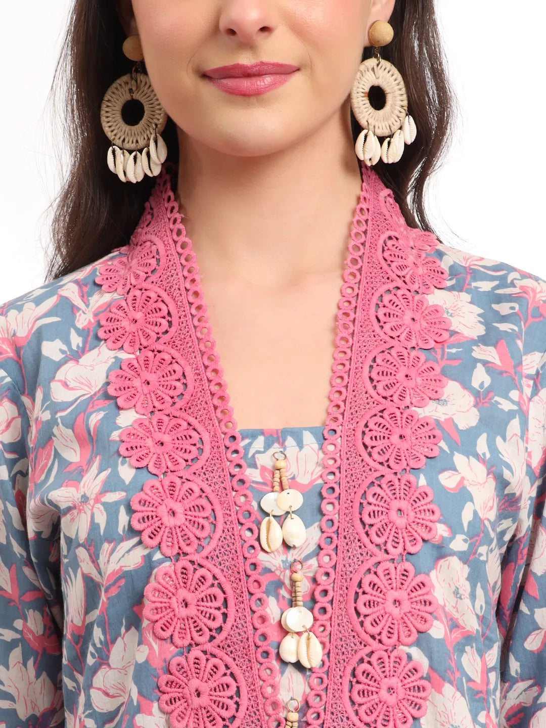 Yufta Cotton Blue Kurta Dupatta Set With Lace Detailing