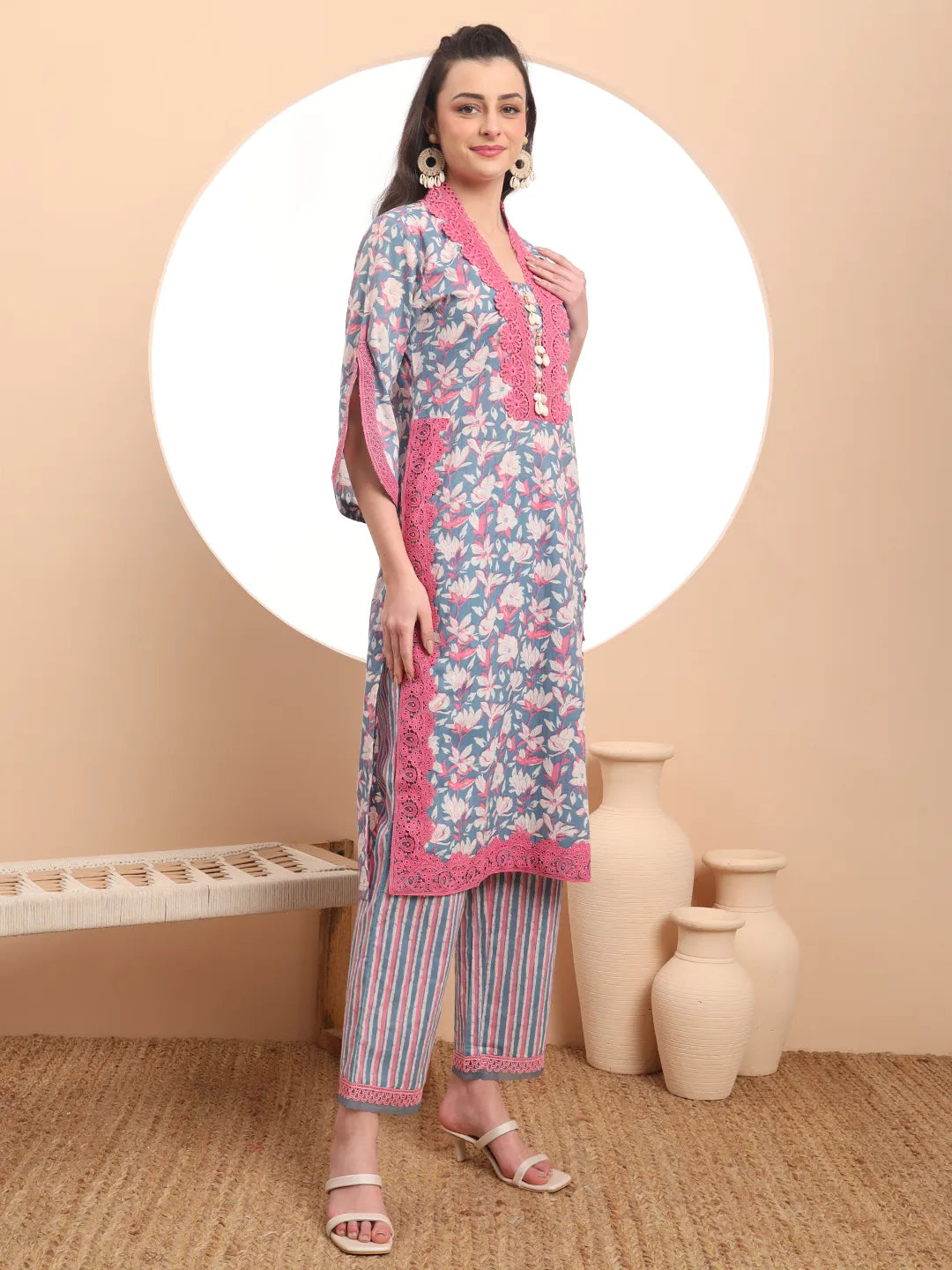 Yufta Cotton Blue Kurta Dupatta Set With Lace Detailing